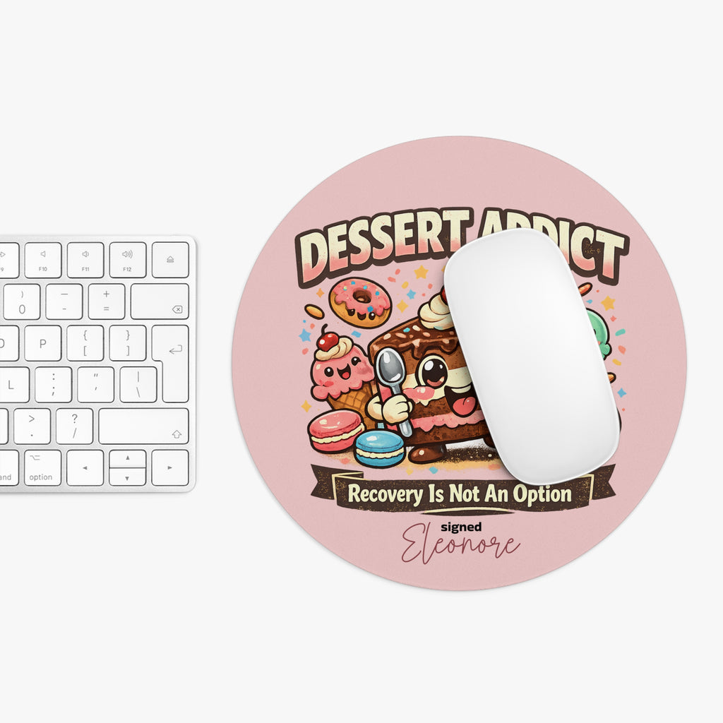 Personalized dessert addict mouse pad shown at true size next to a keyboard