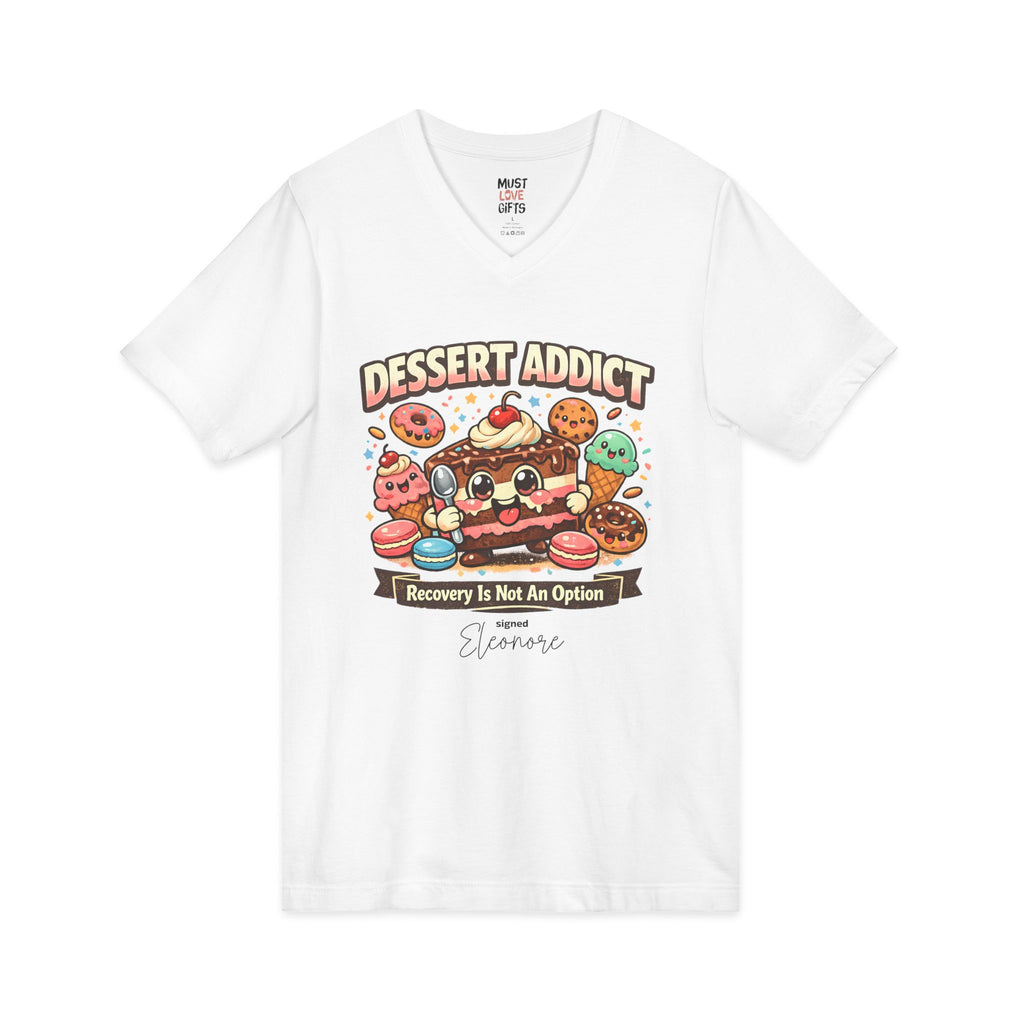 Personalized Dessert Addict V-neck tee front view - white shirt with cartoon sweets graphic