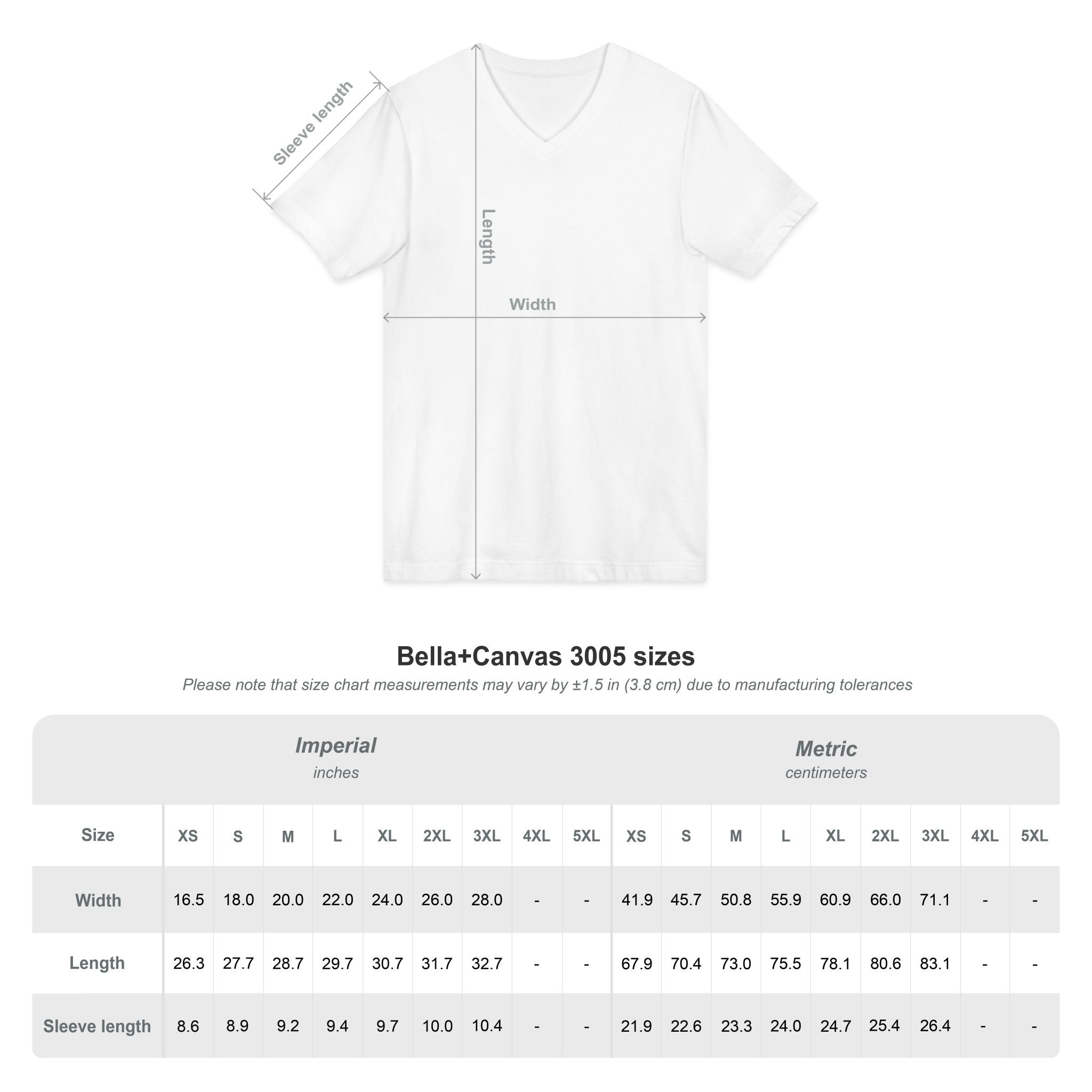 V-neck tee size chart - S through 2XL sizing guide