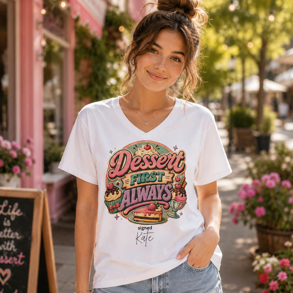 Dessert First Always tee close-up - vintage circular badge with cake cupcake and sundae