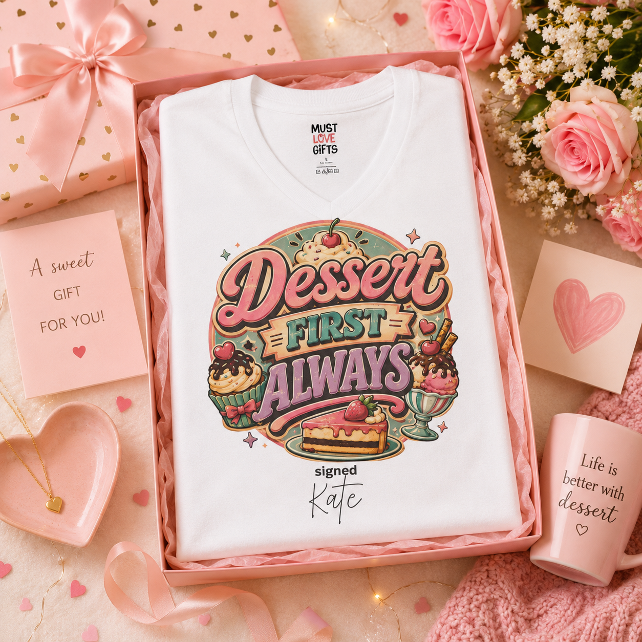 Funny food lover tee lifestyle - Dessert First Always personalized shirt worn casually