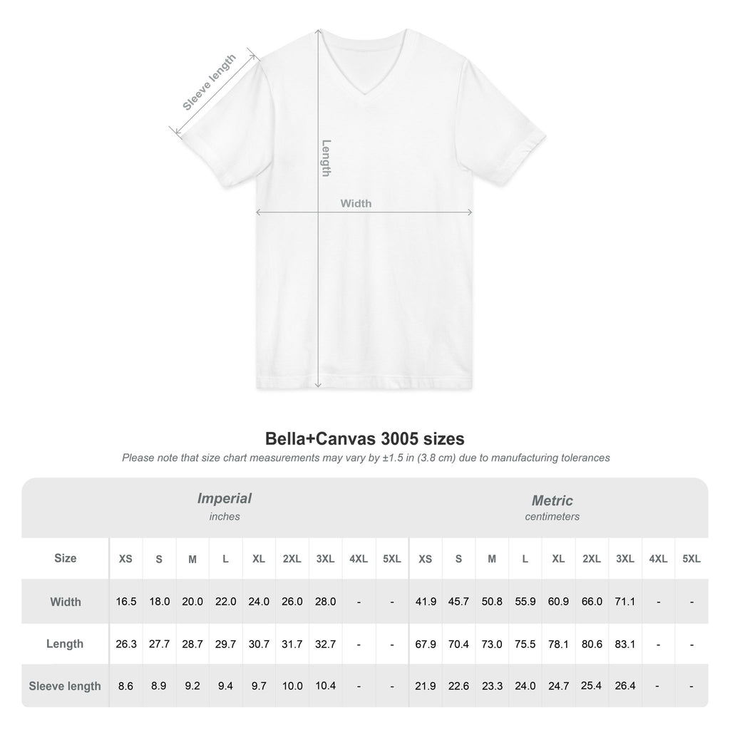 V-neck tee size chart - S through 2XL sizing guide