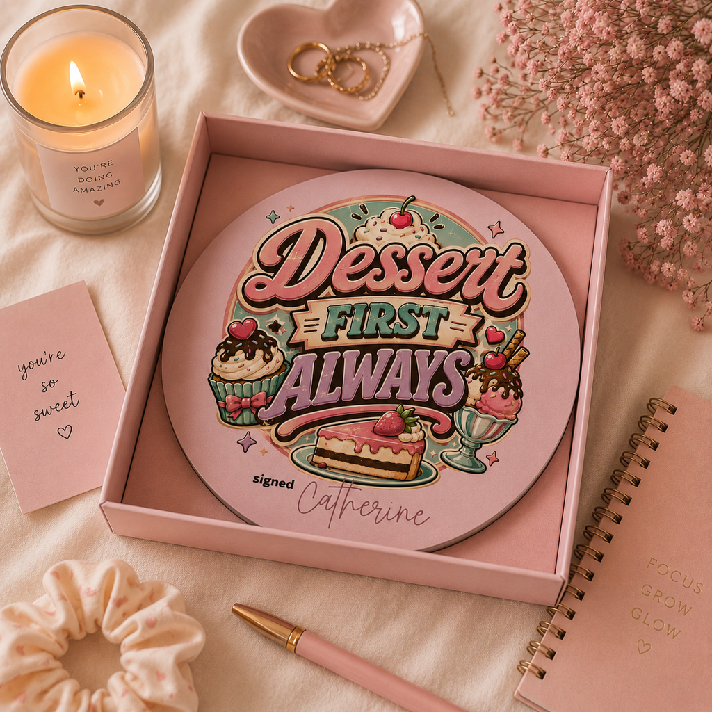 Close-up of neoprene texture and stitched edge on dessert quote mouse pad