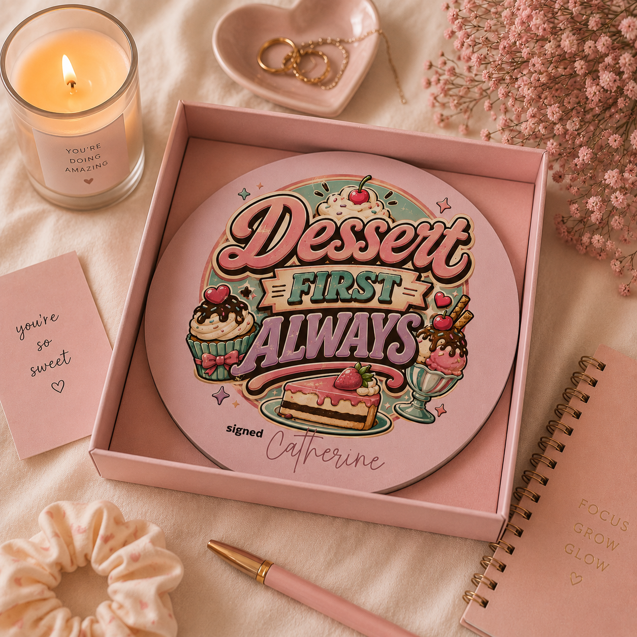 Close-up of neoprene texture and stitched edge on dessert quote mouse pad
