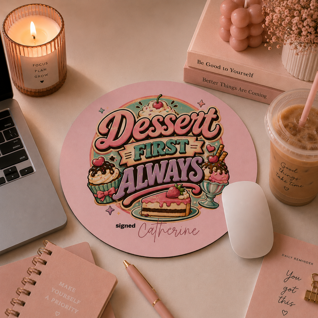 Personalized dessert quote mouse pad styled on a home office desk