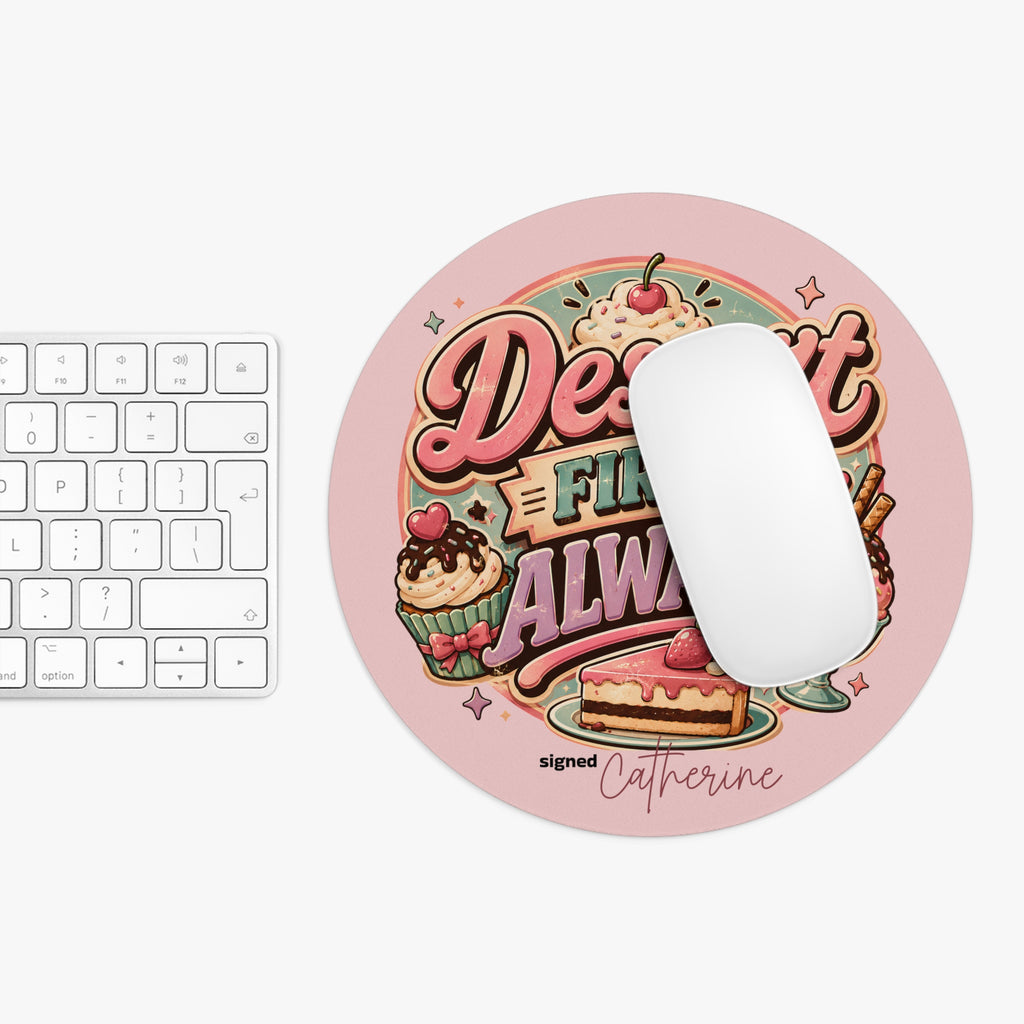 Personalized dessert quote mouse pad shown at true size next to a keyboard