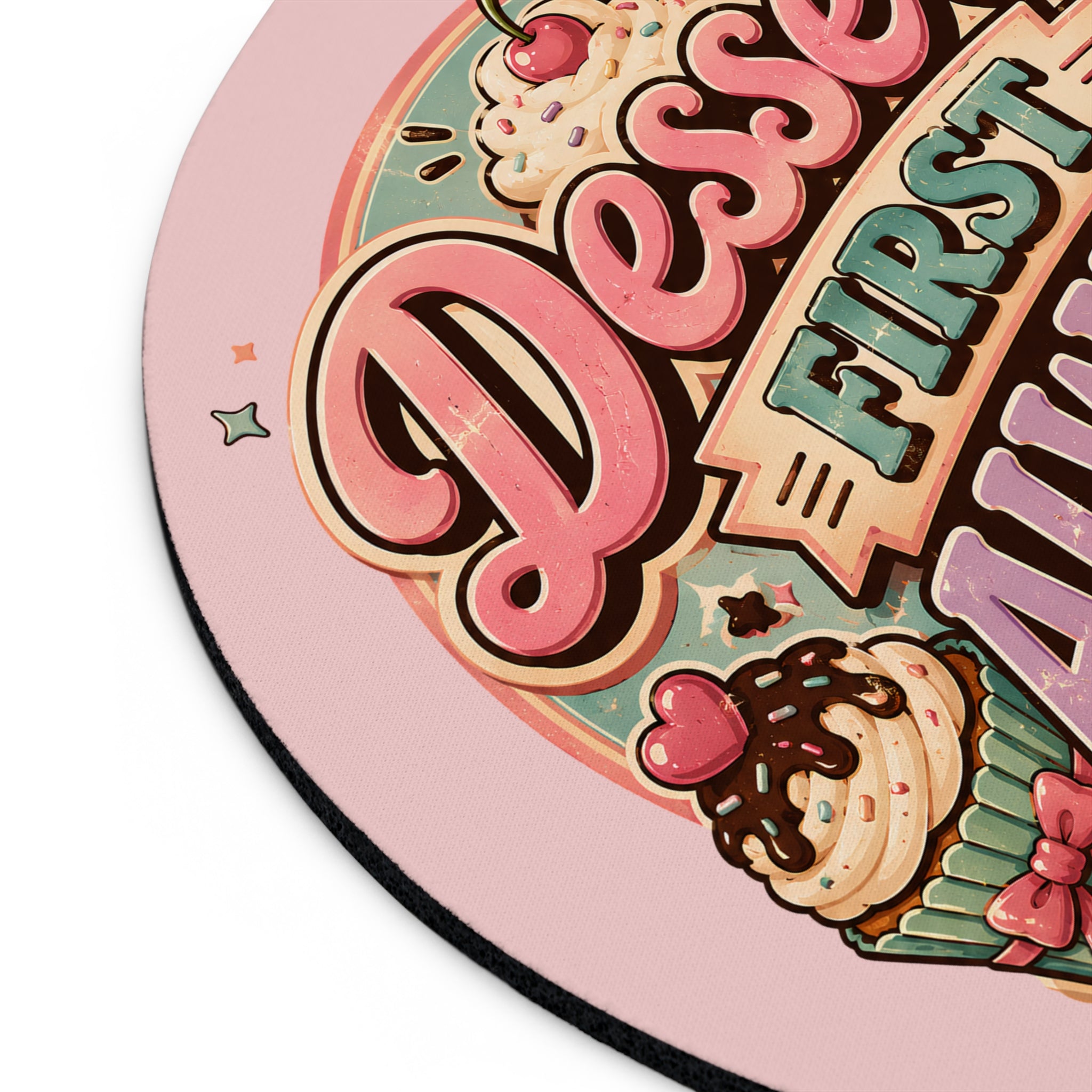 Underside of personalized dessert quote mouse pad showing non-slip rubber base