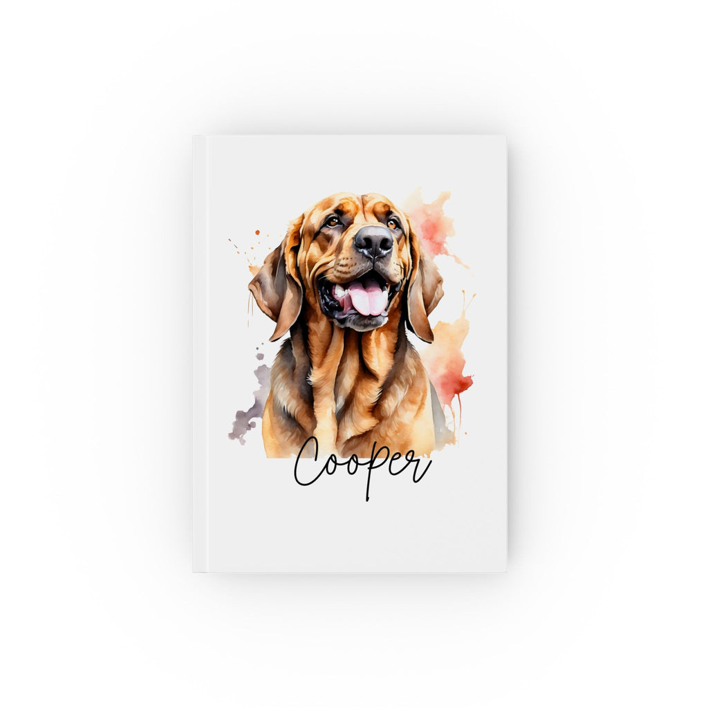 Personalized Bloodhound dog journal – white hardcover with watercolor portrait and name Cooper
