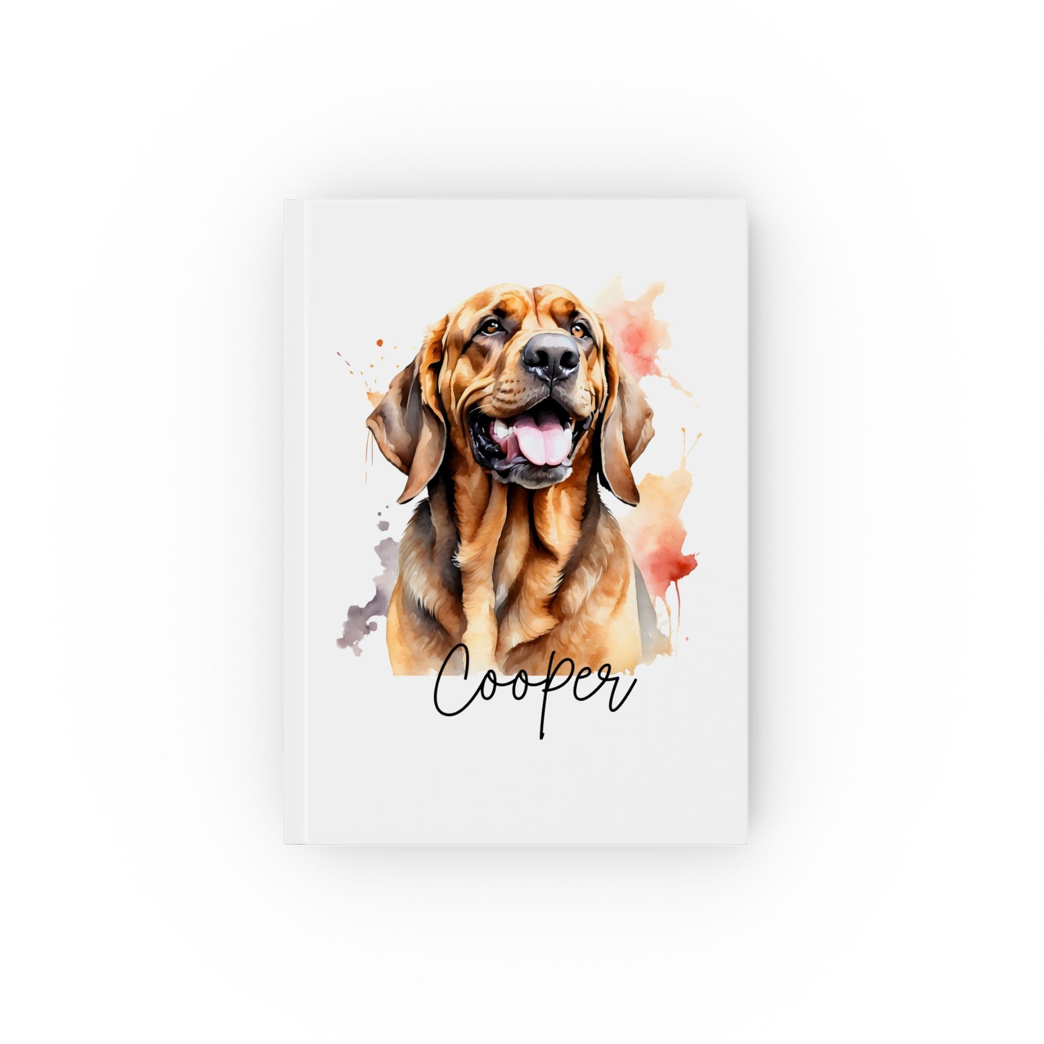Personalized Bloodhound dog journal – white hardcover with watercolor portrait and name Cooper