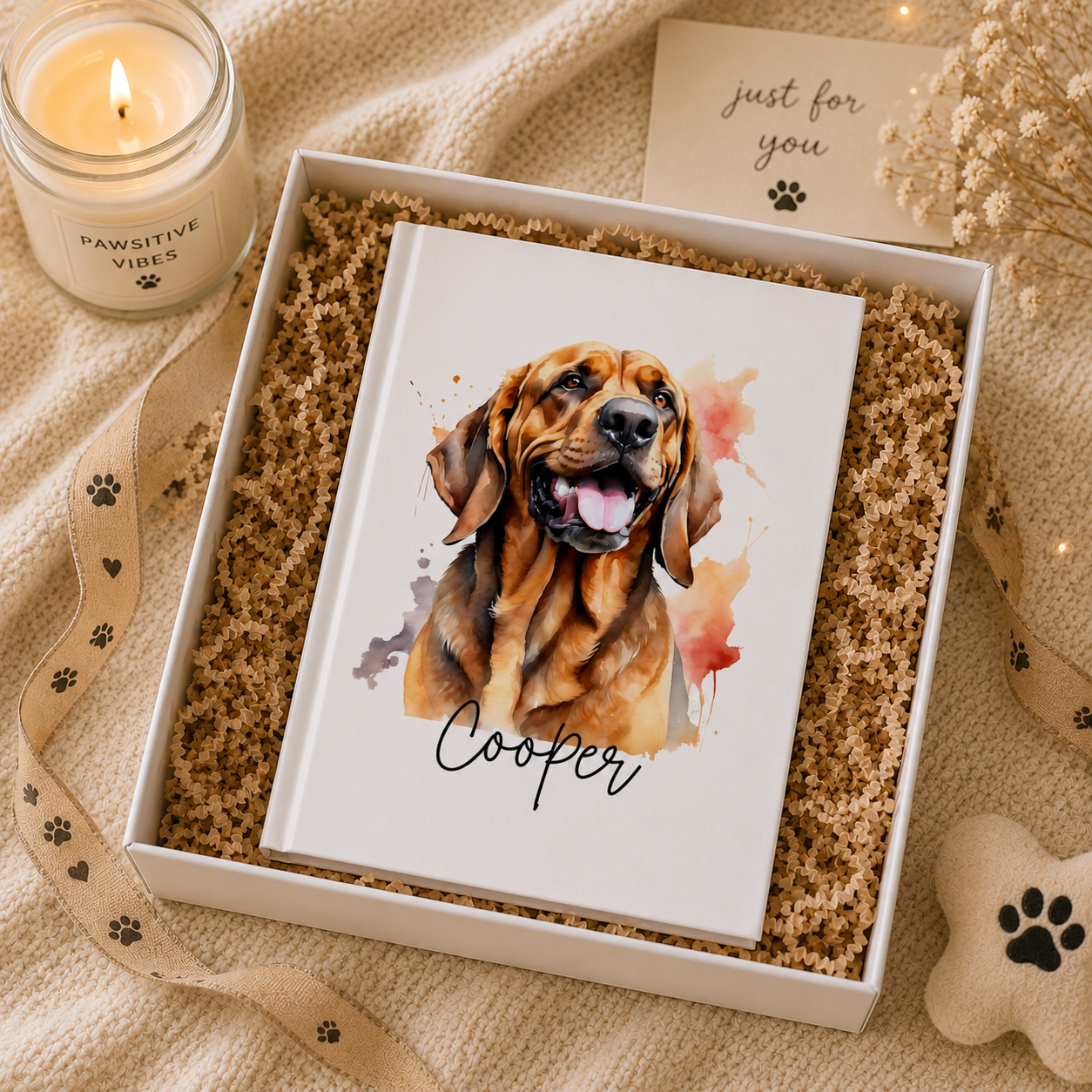 Personalized dog lover journal lifestyle – Bloodhound notebook on desk with pen