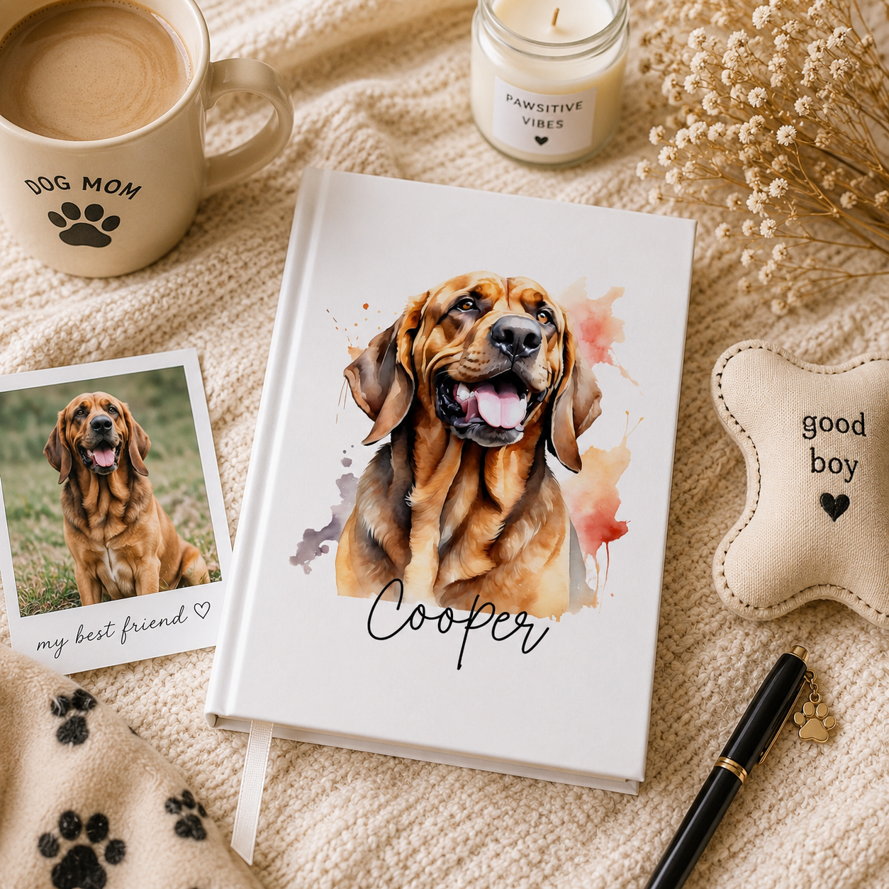 Watercolor Bloodhound journal open flat – showing casewrap binding and quality pages