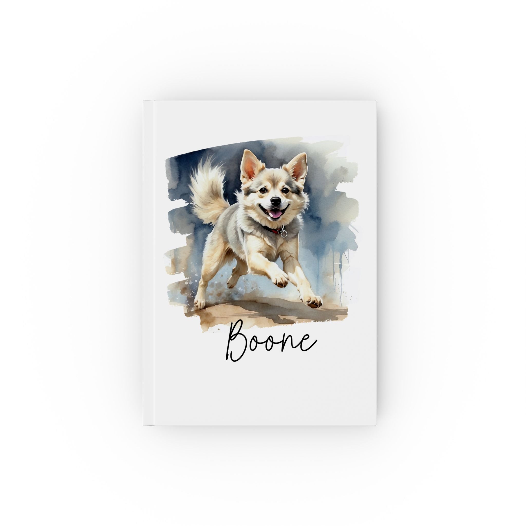 Personalized dog journal – white hardcover with watercolor Spitz illustration and name Boone