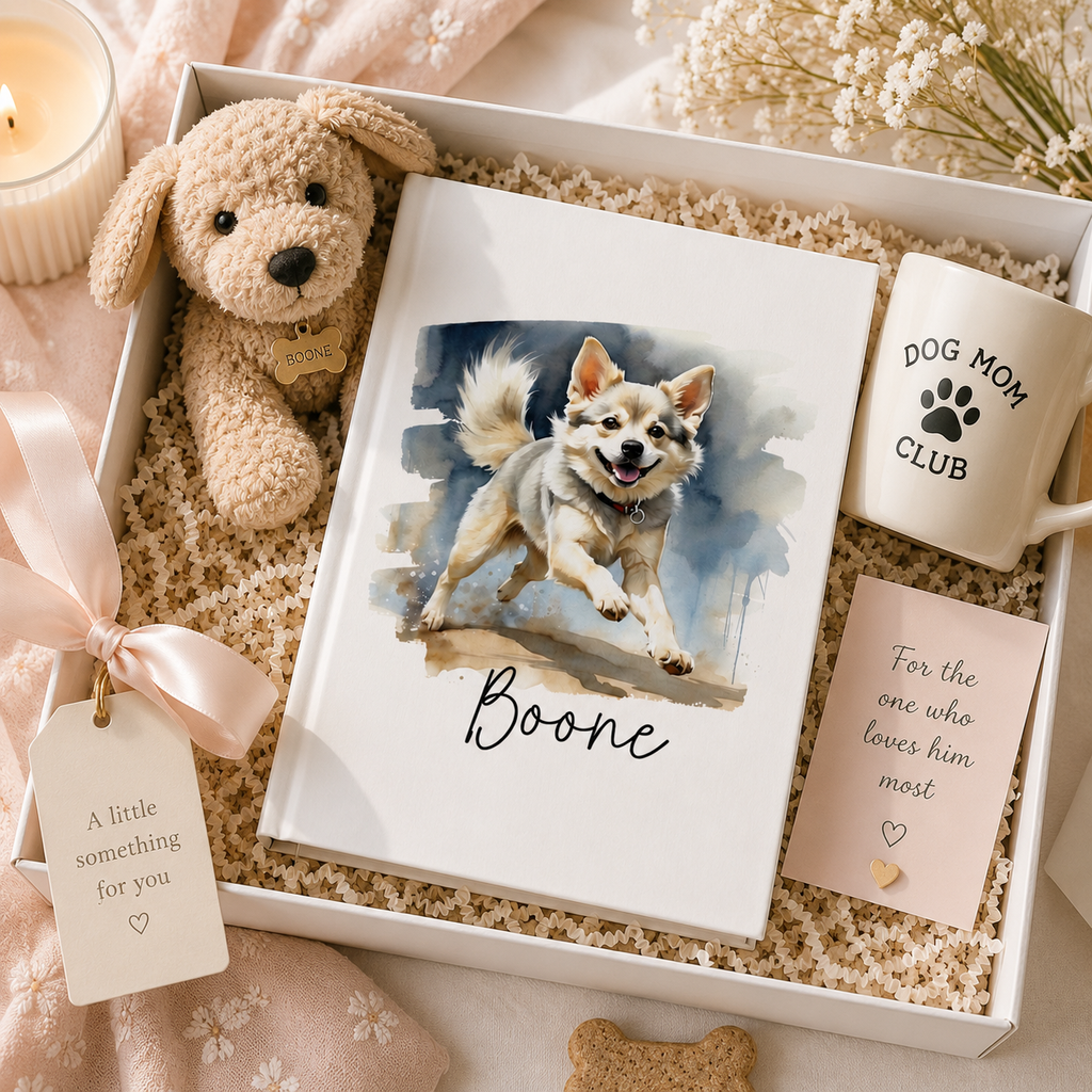 Personalized dog lover journal lifestyle – watercolor Spitz notebook on desk