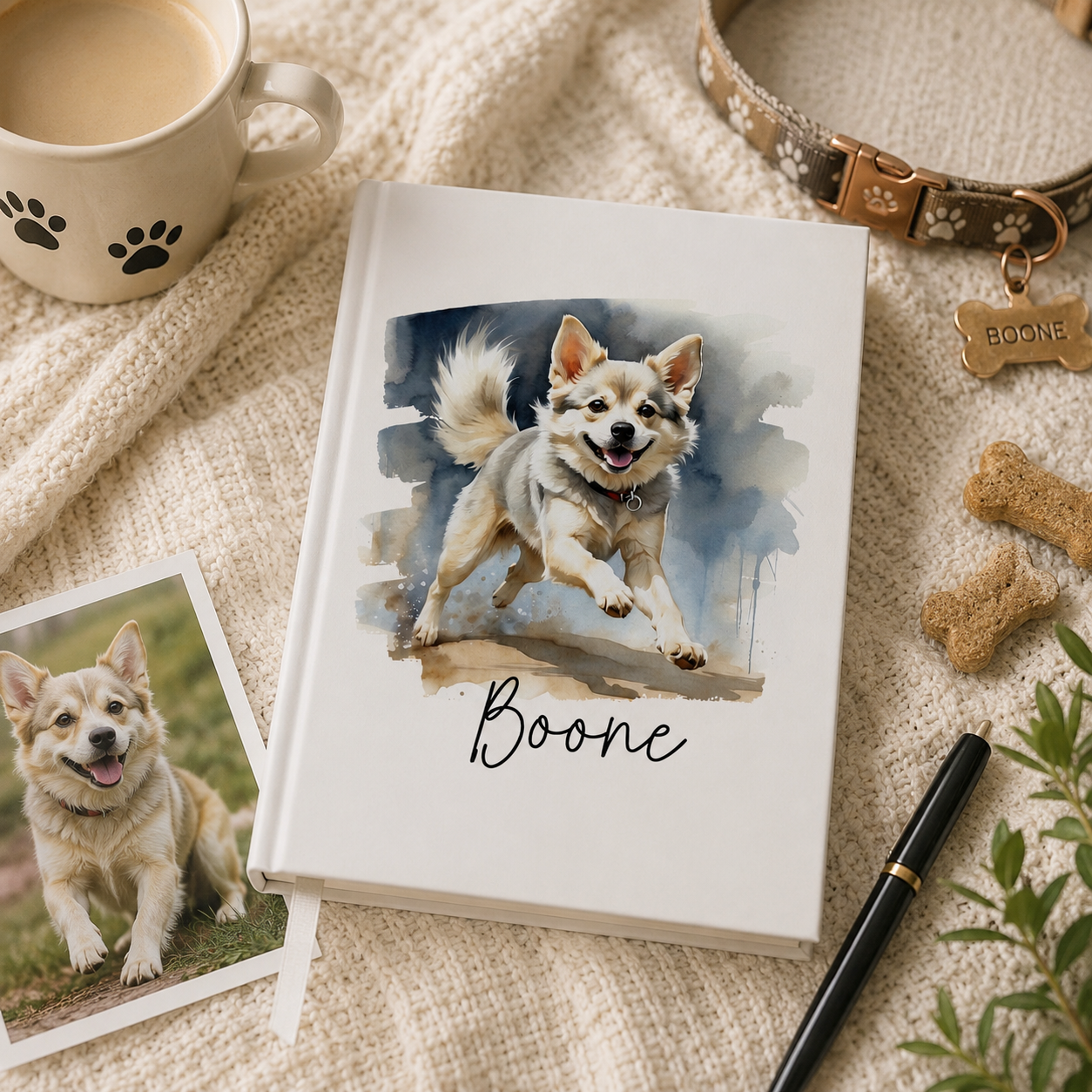 Watercolor Spitz dog journal open flat – casewrap binding and quality paper