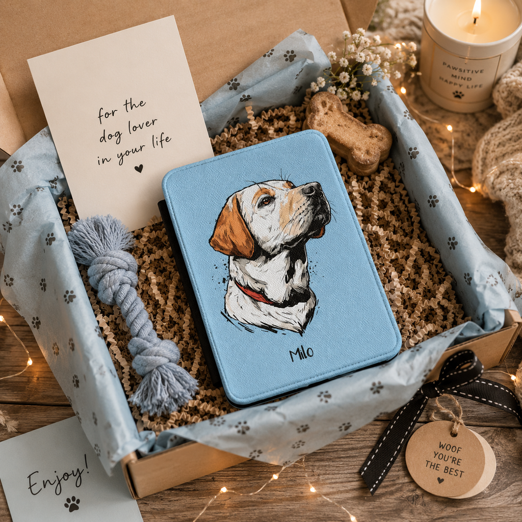 Personalized dog kindle case styled as a wrapped gift