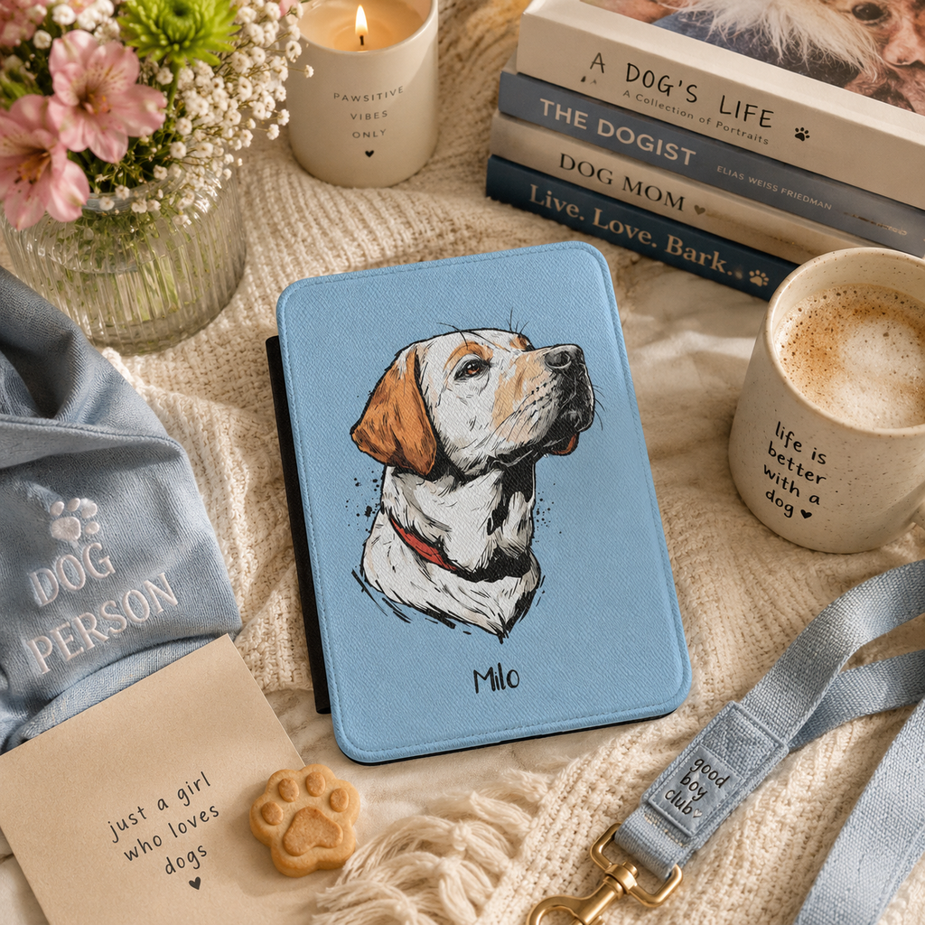 Personalized dog kindle case shown in a lifestyle setting