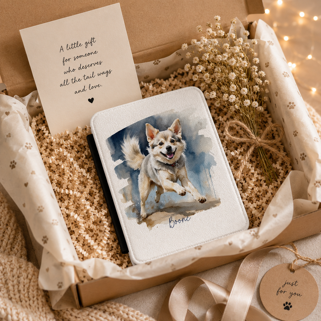 Personalized dog kindle case styled as a wrapped gift