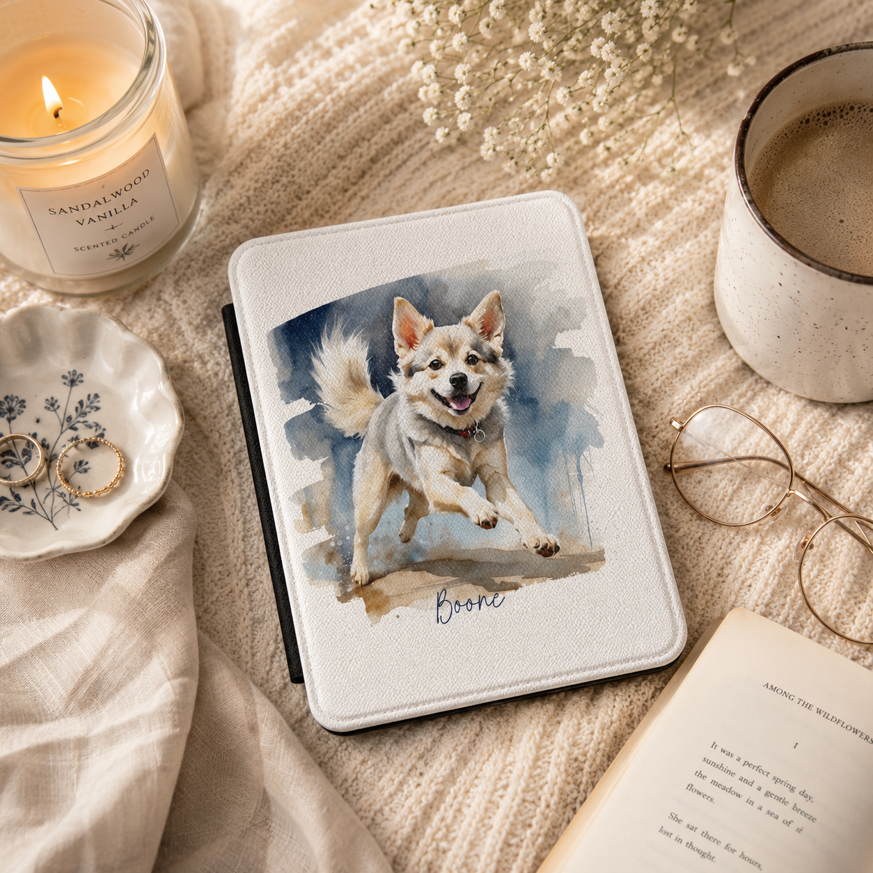 Personalized dog kindle case shown in a lifestyle setting