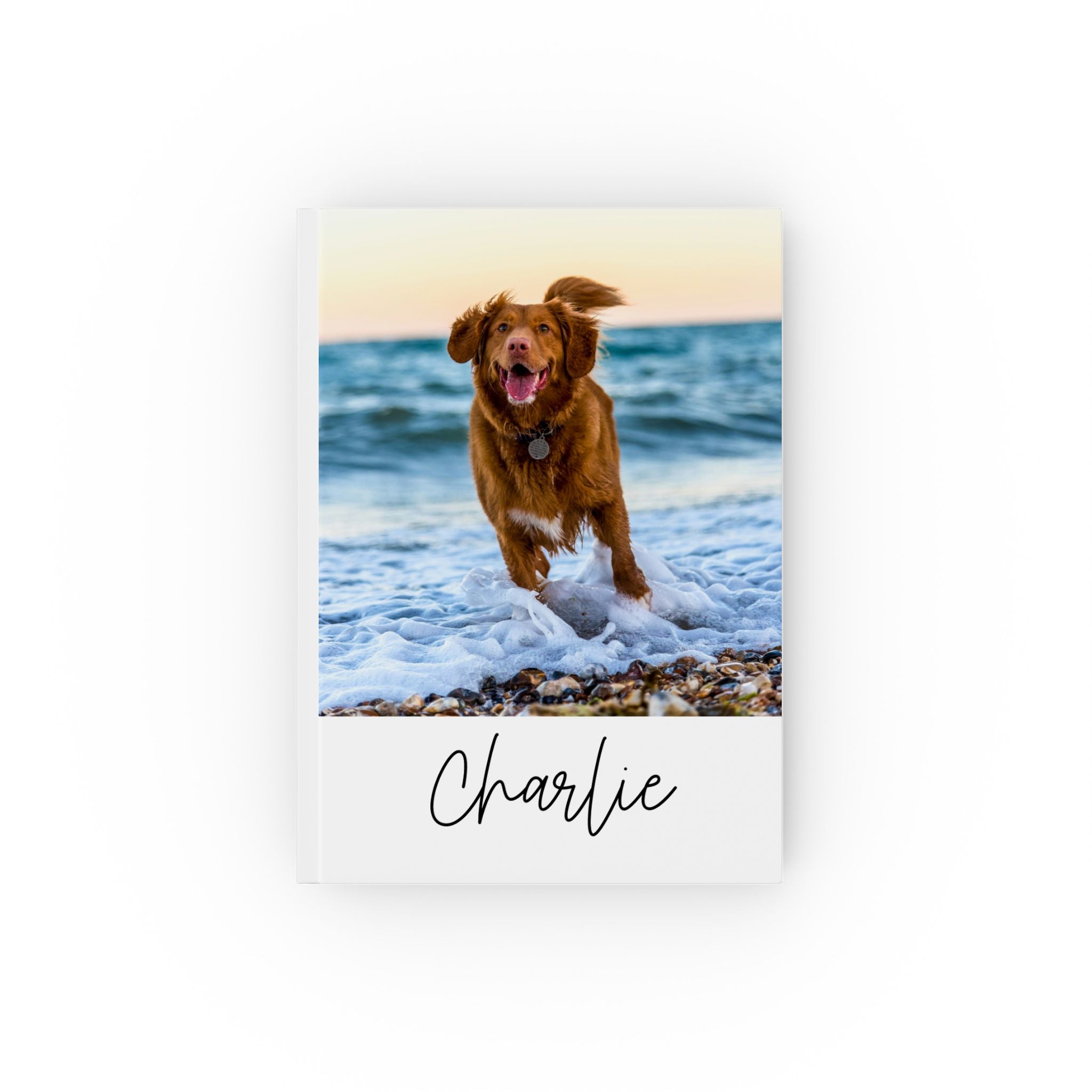 Personalized dog photo journal – white hardcover with beach dog photo and name Charlie in script