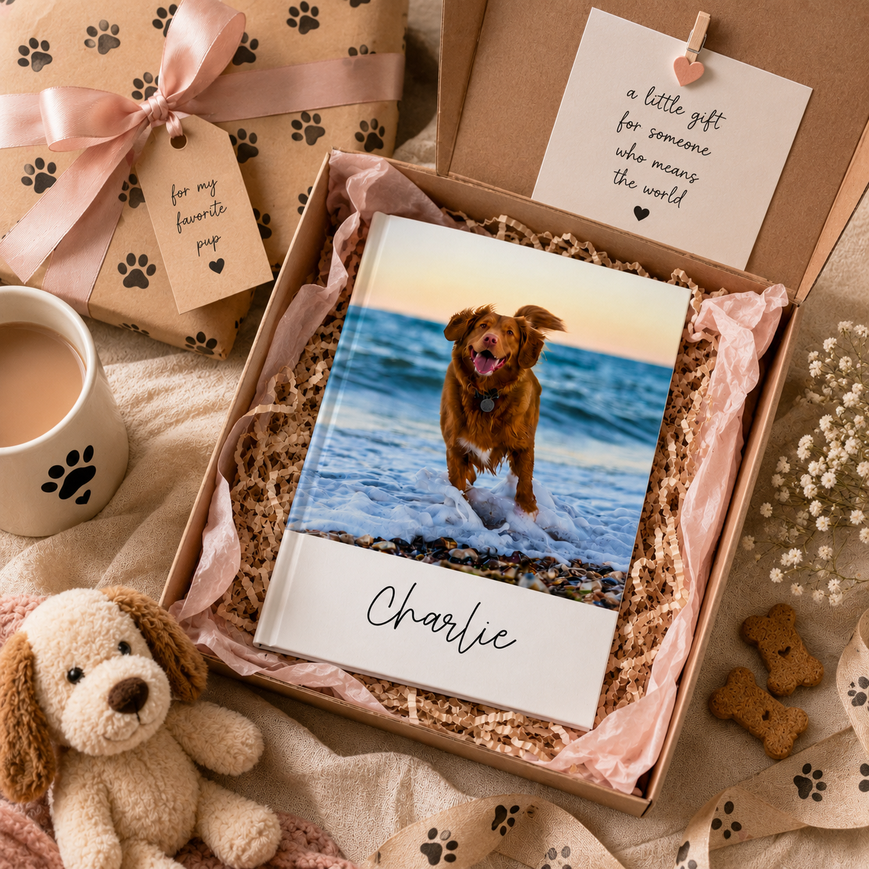 Personalized dog journal lifestyle – on desk with coffee, pet name on cover