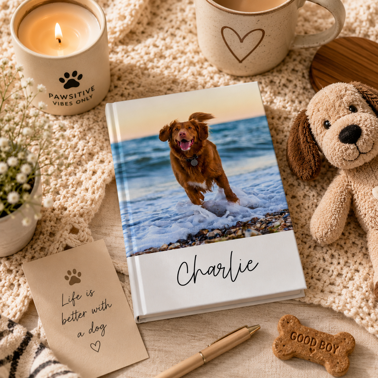 Dog photo journal open flat – casewrap binding showing 90gsm pages