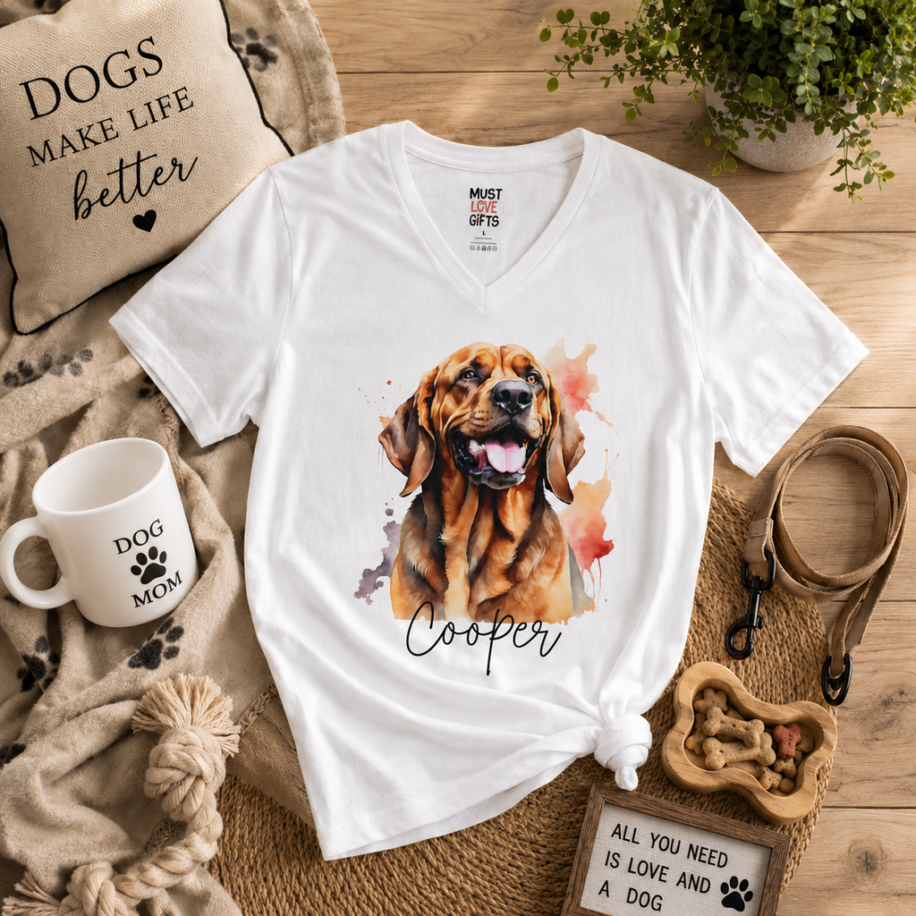 Watercolor hound dog tee close-up of portrait with name in script