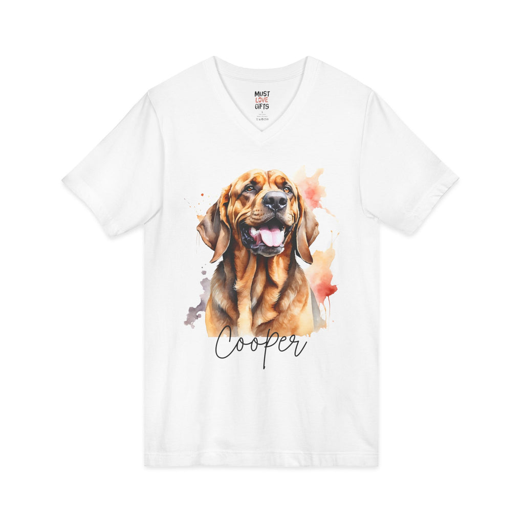 Personalized watercolor Bloodhound dog portrait V-neck tee - front view white shirt