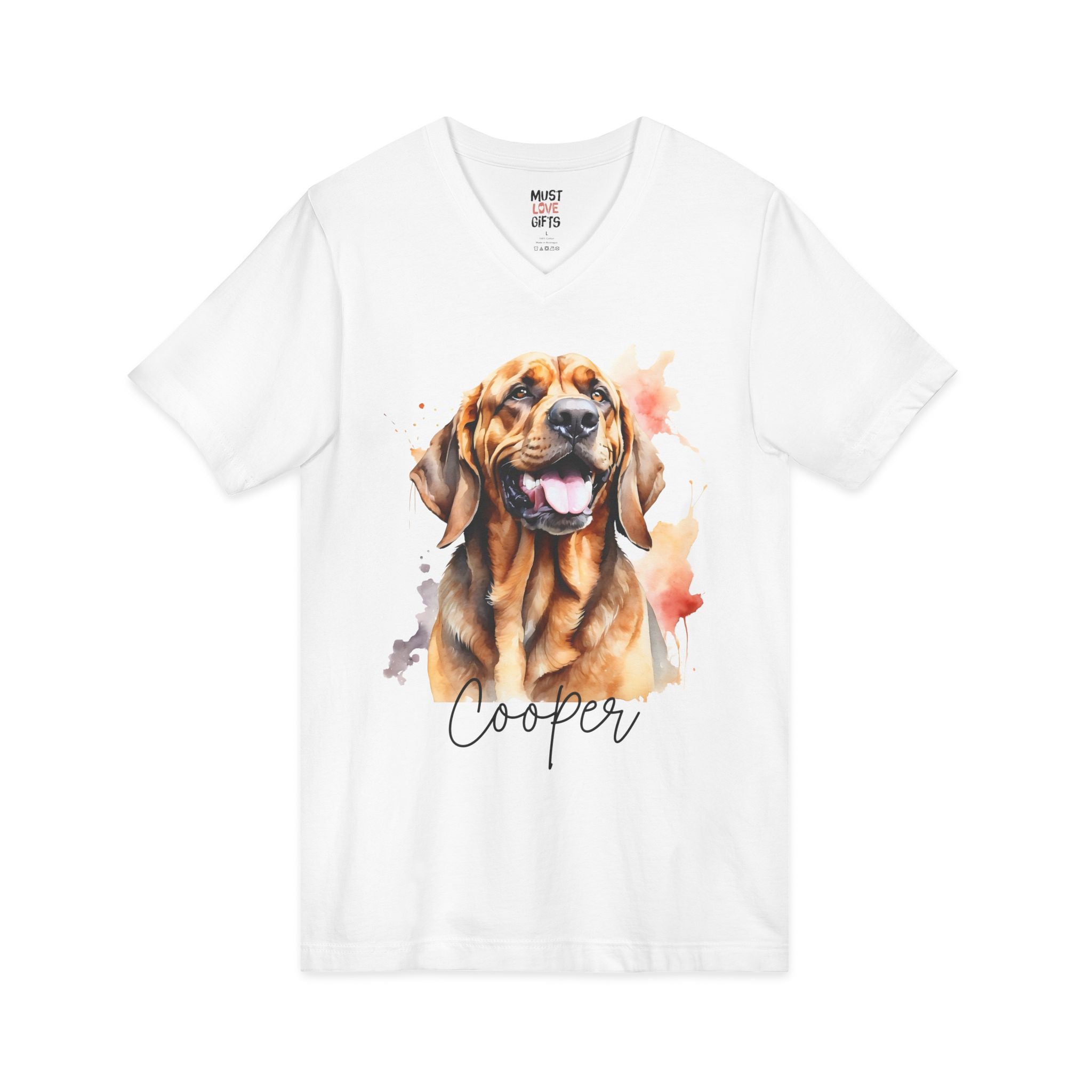 Personalized watercolor Bloodhound dog portrait V-neck tee - front view white shirt
