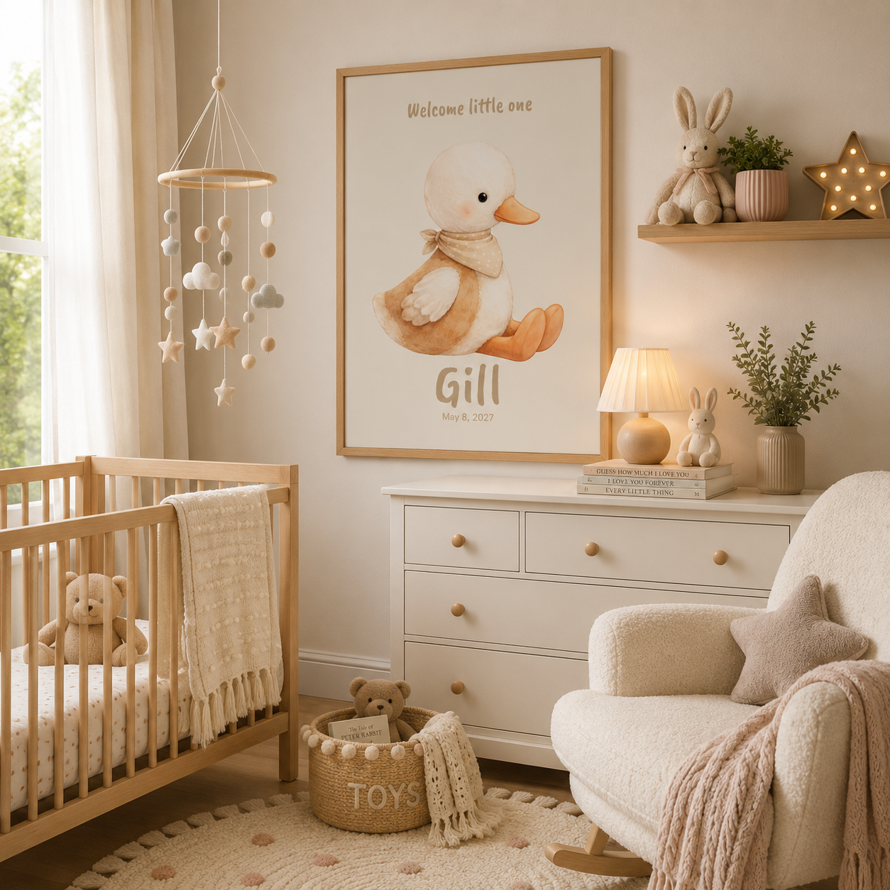 Close-up of duckling nursery poster showing personalized name and birth date