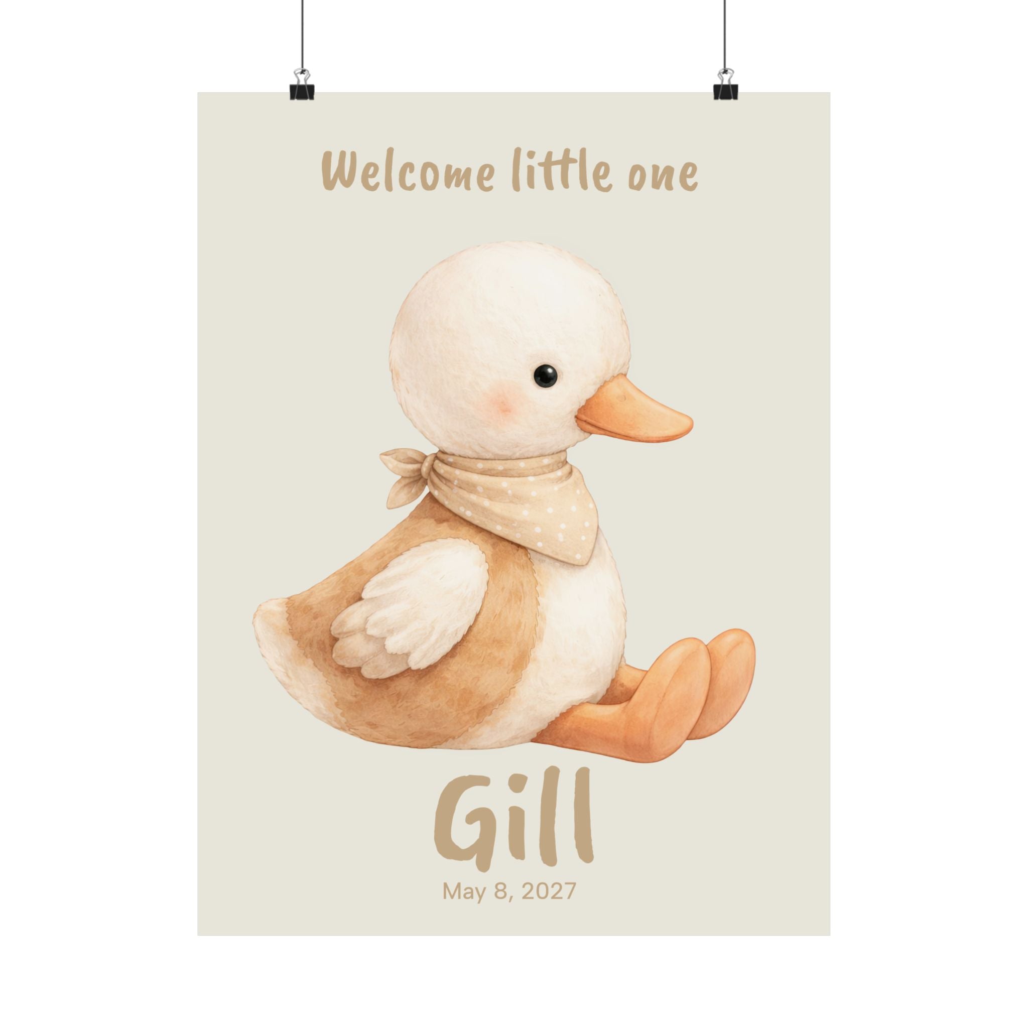 Personalized duckling with polka-dot bandana nursery poster, custom baby name and birth date