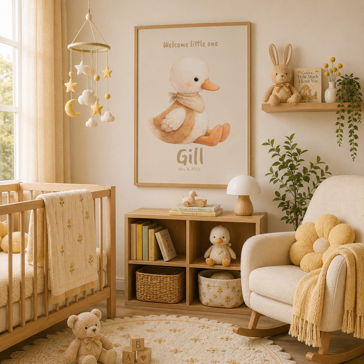 Watercolor duckling baby name poster displayed in nursery room setting