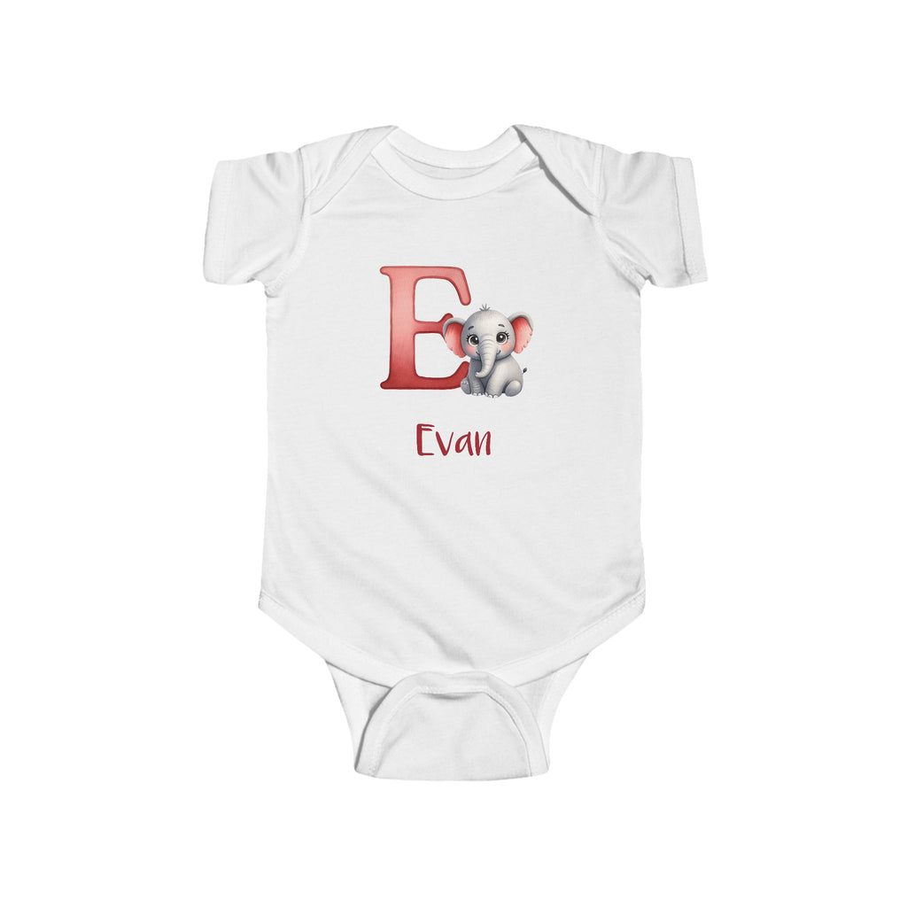 Personalized E baby bodysuit with elephant – white cotton onesie with custom name