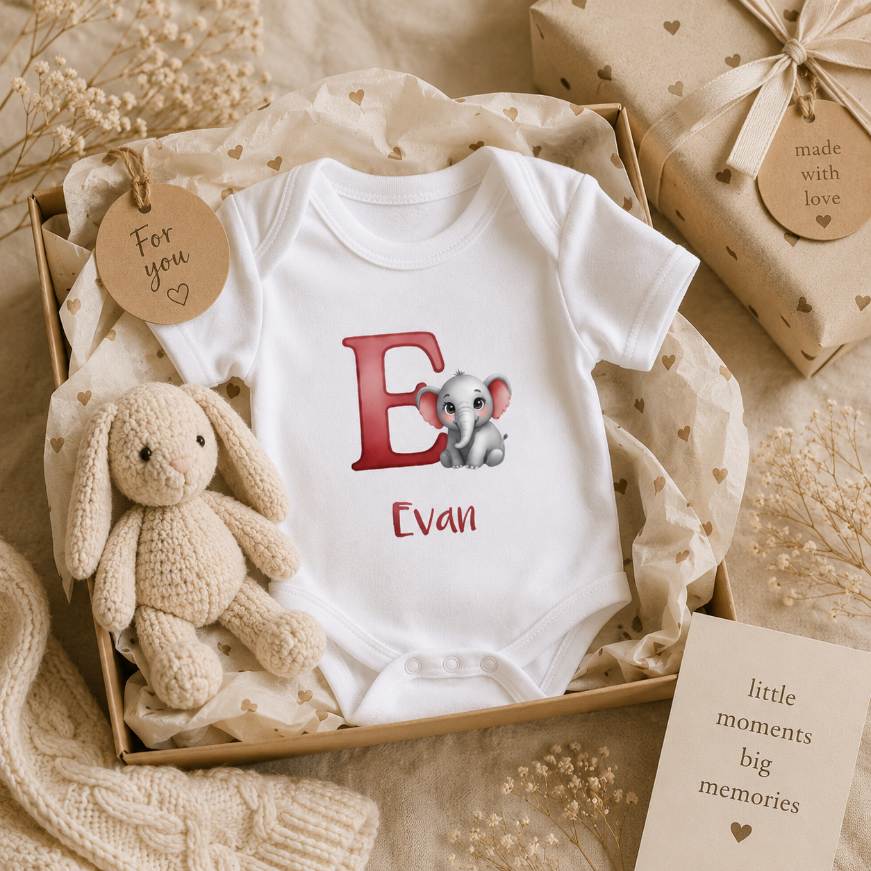 Close-up of E initial and elephant design on baby onesie