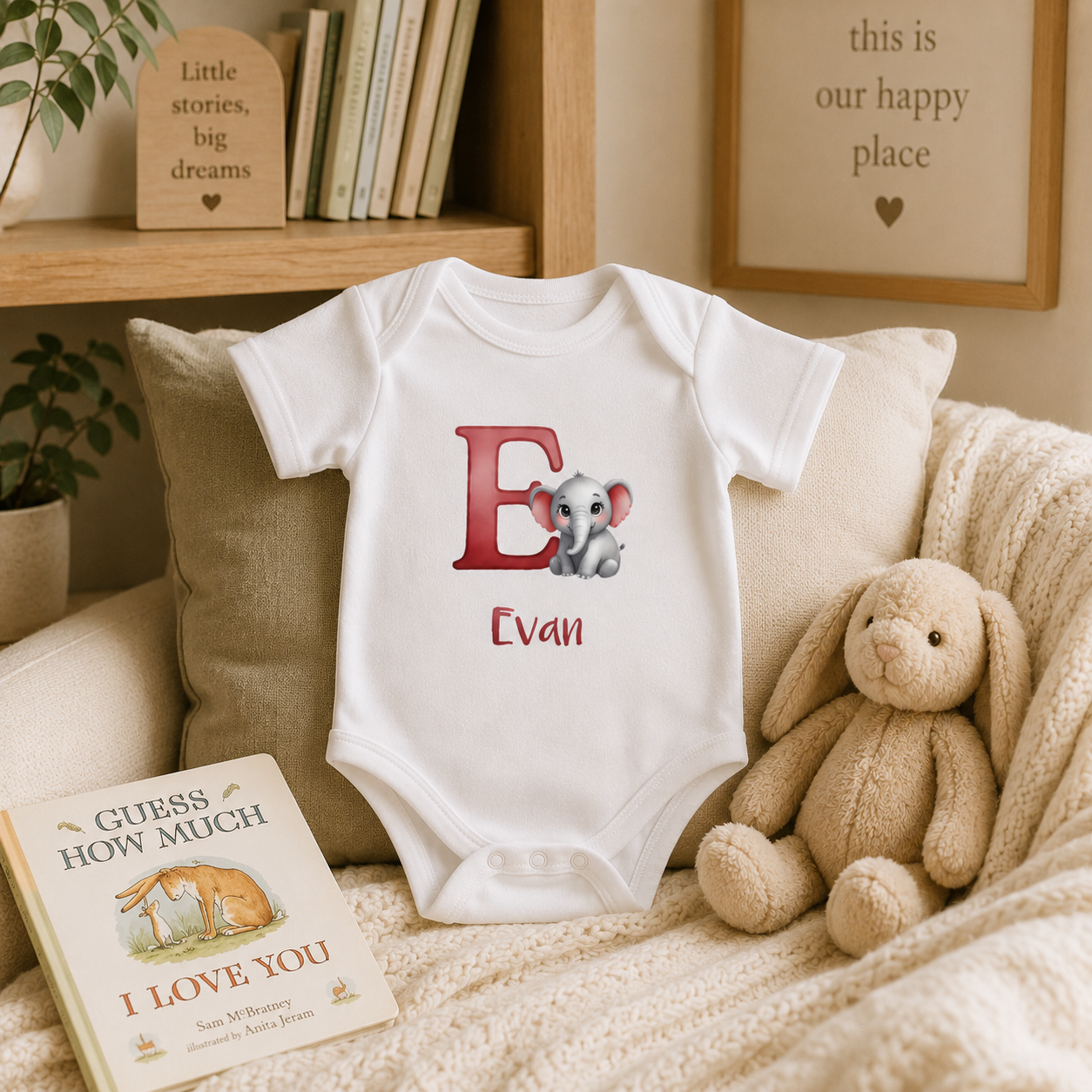 Personalized E onesie with elephant – lifestyle photo