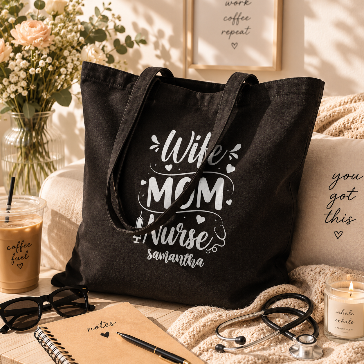 Close-up of Wife Mom Nurse print and custom name on canvas tote bag