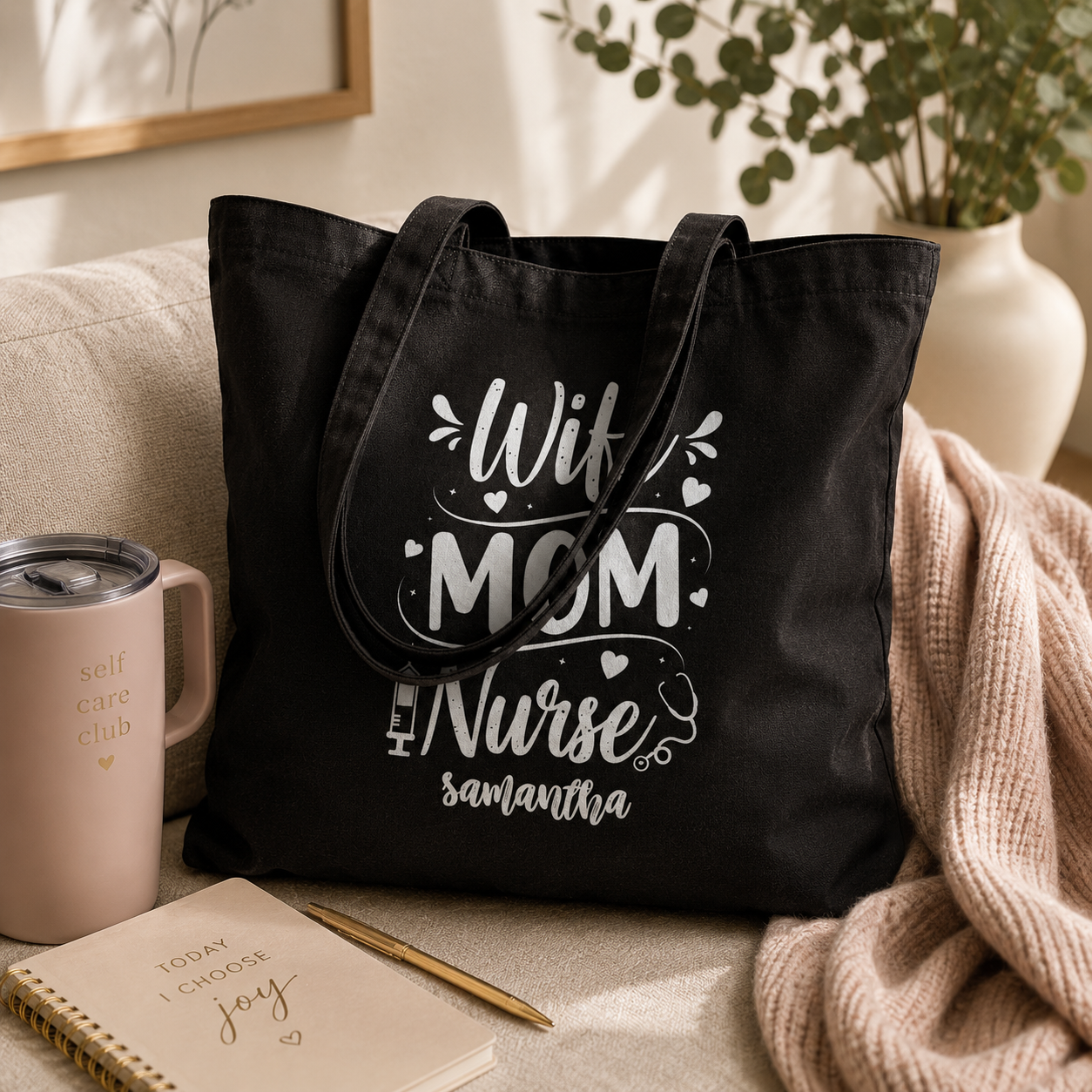 Personalized Wife Mom Nurse tote bag shown worn on shoulder, lifestyle photo