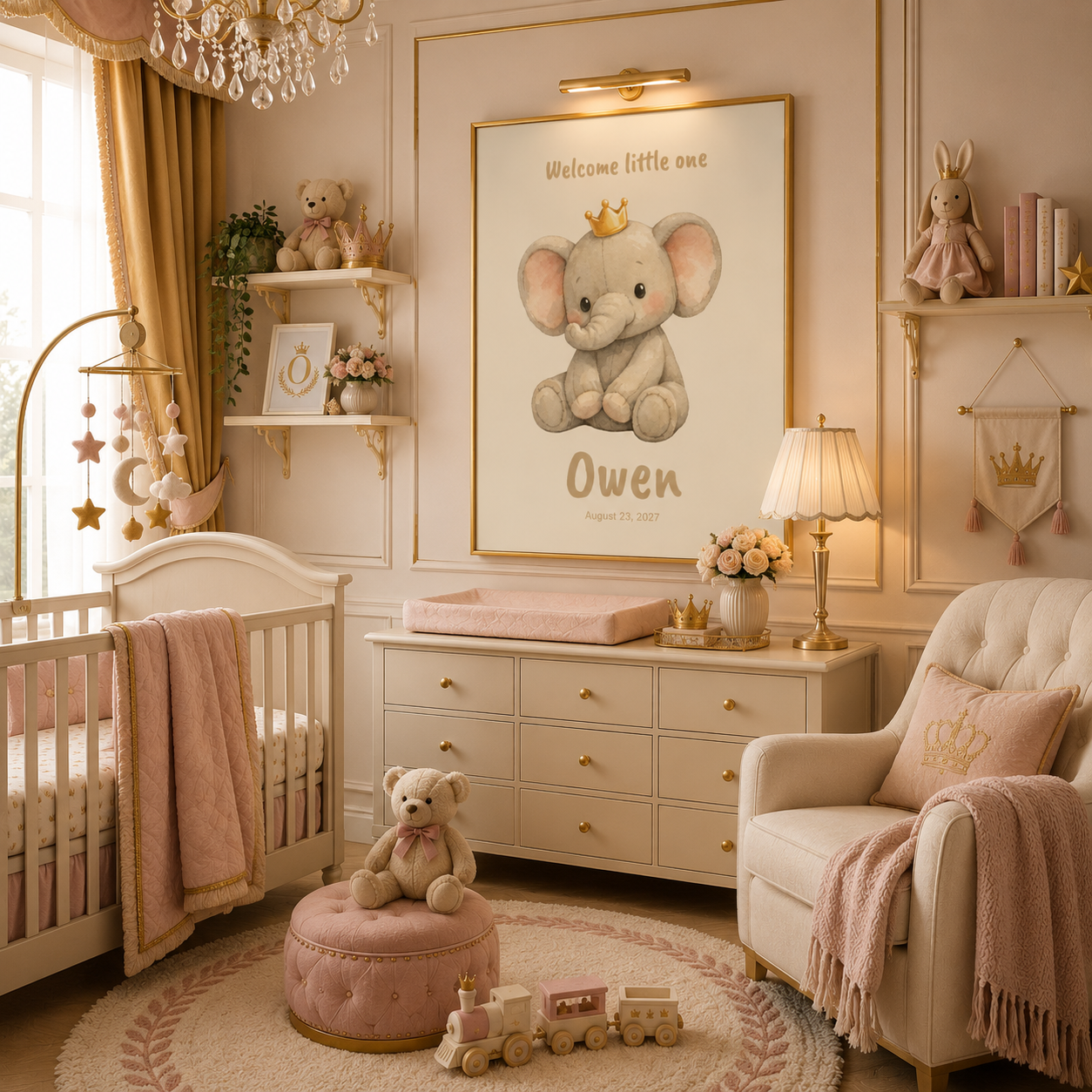 Close-up of elephant crown nursery poster showing personalized name and birth date