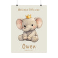 Personalized elephant with golden crown nursery poster, custom baby name and birth date