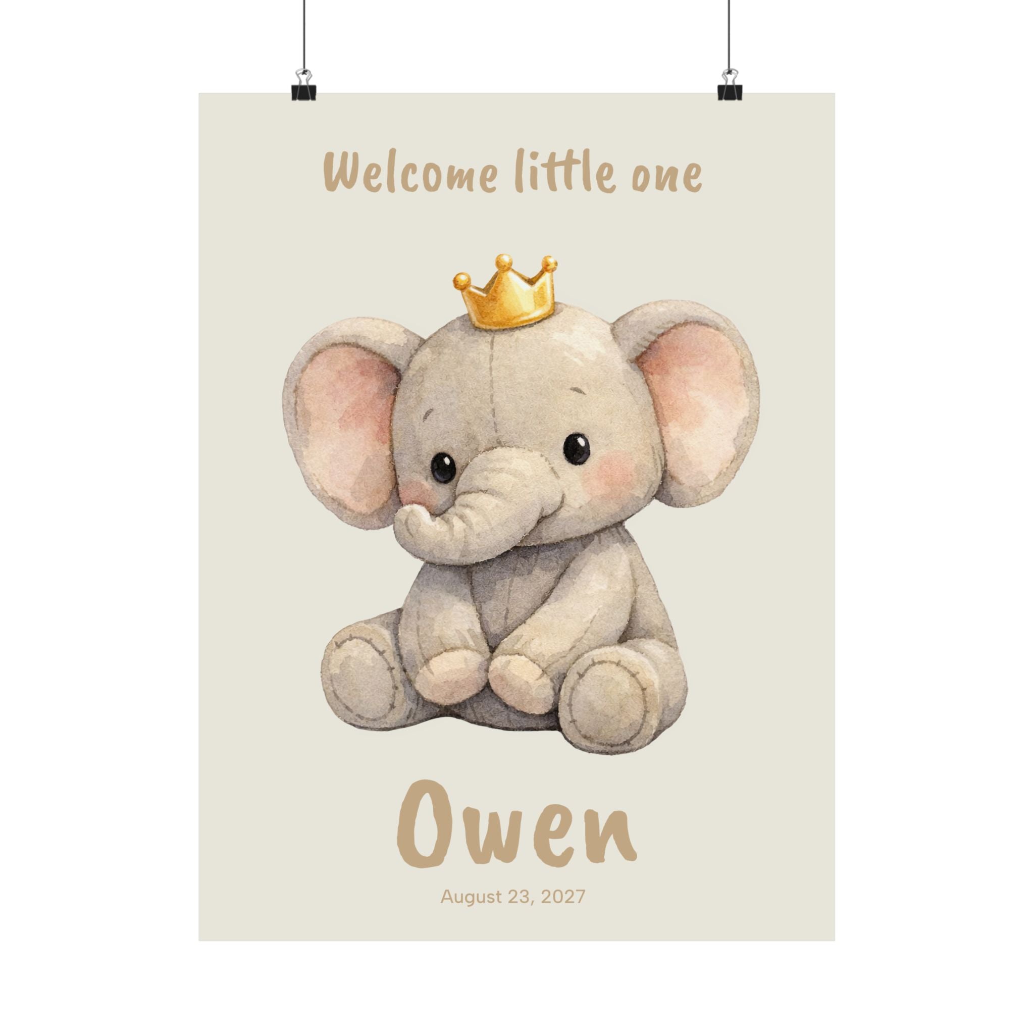 Personalized elephant with golden crown nursery poster, custom baby name and birth date