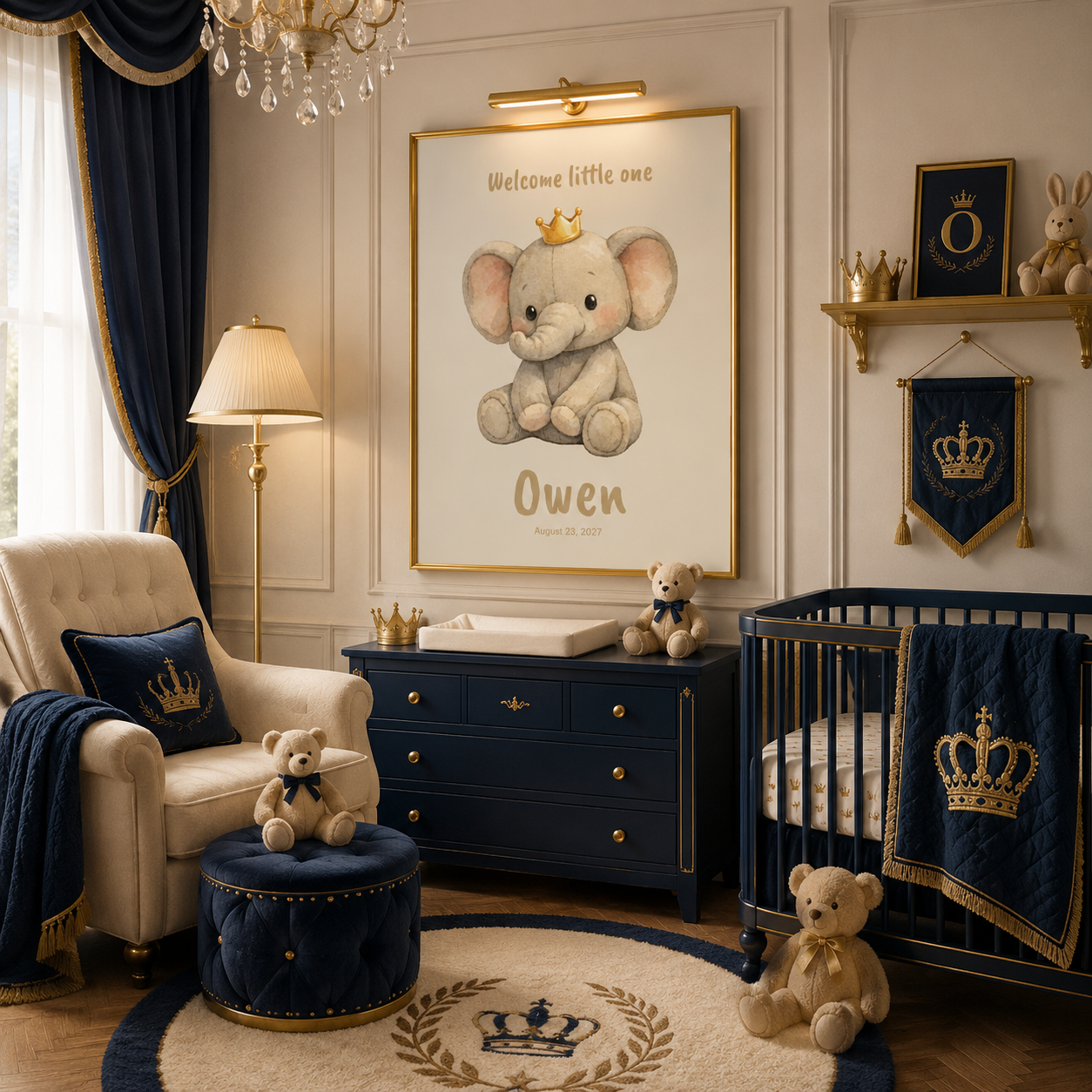 Watercolor elephant cub with crown baby name poster in nursery room setting