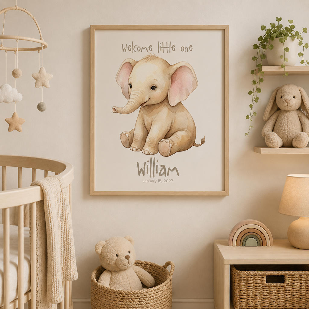 Close-up of elephant nursery poster showing personalized name and birth date