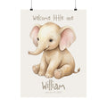 Personalized watercolor elephant nursery poster with custom baby name and birth date