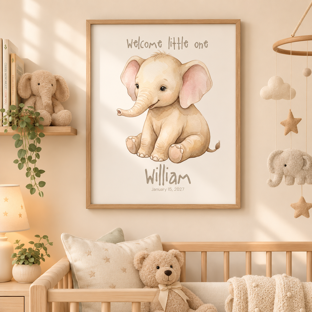 Soft elephant cub baby name poster displayed in nursery room setting