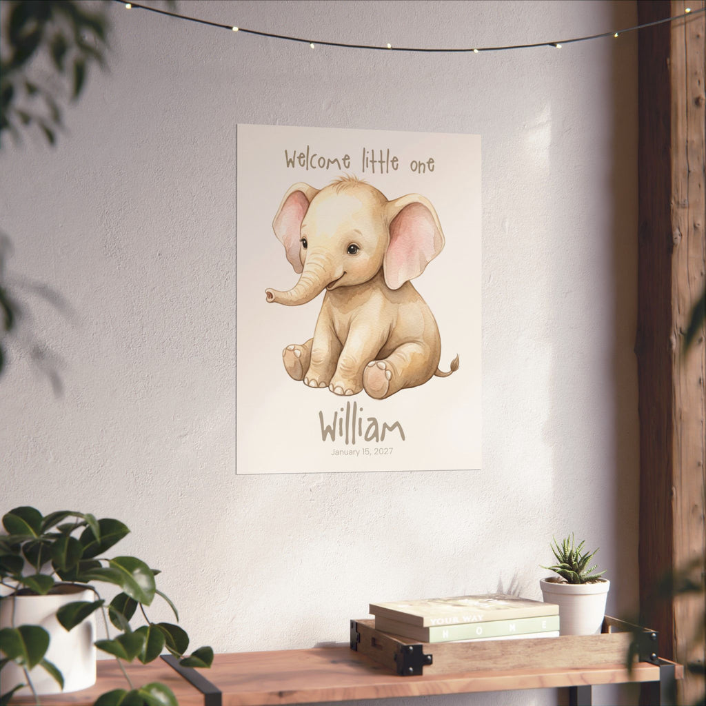 Watercolor elephant baby shower gift poster on nursery wall