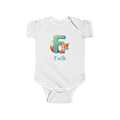 Personalized F baby bodysuit with fox – white cotton onesie with custom name