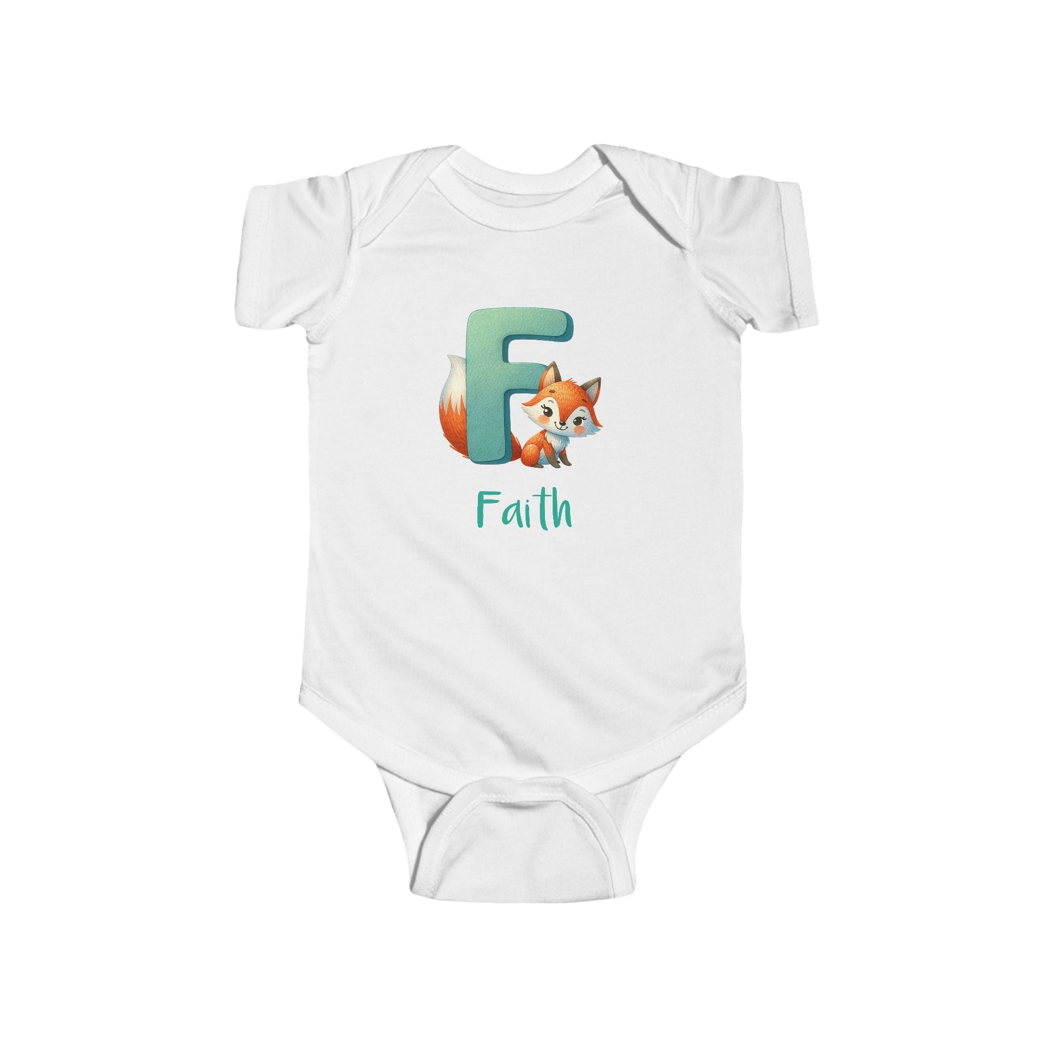 Personalized F baby bodysuit with fox – white cotton onesie with custom name