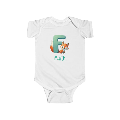 Personalized F baby bodysuit with fox – white cotton onesie with custom name