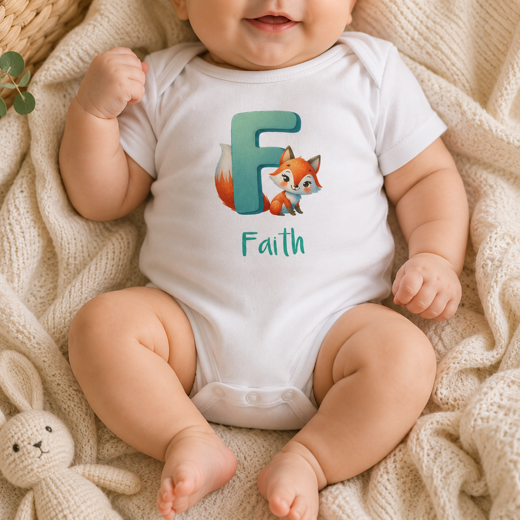 Initial F bodysuit with fox and name in script – flat lay