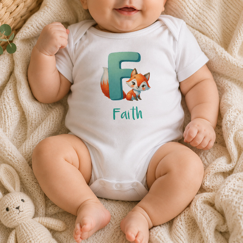 Initial F bodysuit with fox and name in script – flat lay