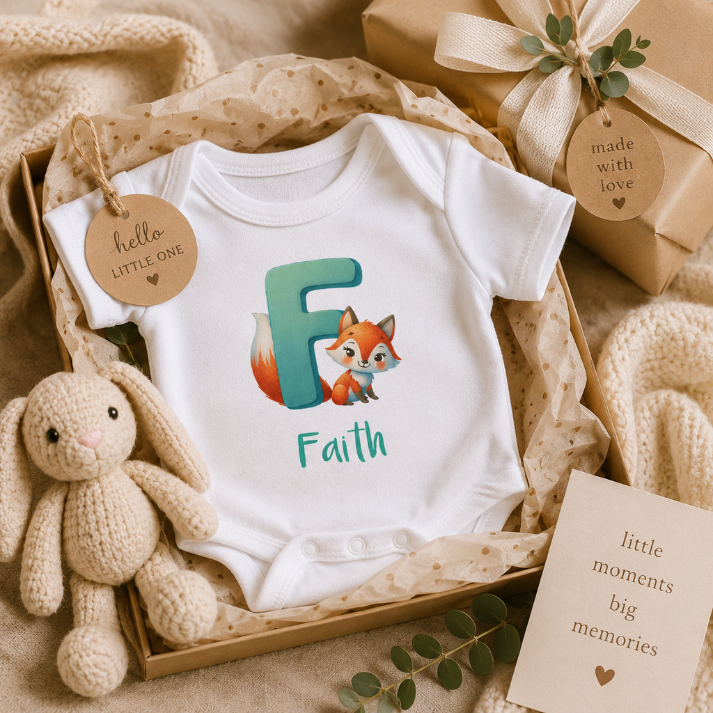 Close-up of F initial and fox design on baby onesie